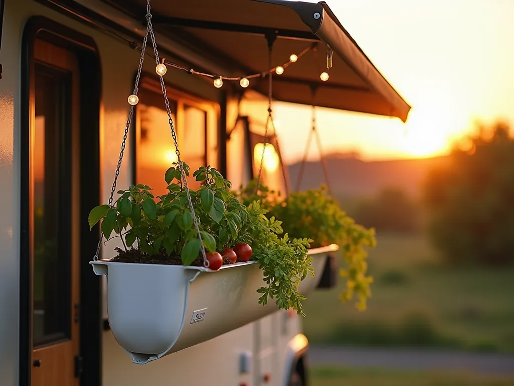 RV Hanging Gutter Garden at Sunset - A warm sunset photograph of a modern RV with a creative hanging gutter garden system mounted under its extended awning, shot at f/2.8 with a 16-35mm lens. The repurposed white vinyl gutters are arranged in three neat tiers, flourishing with cascading herbs and compact vegetables. Fresh basil, parsley, and cherry tomatoes peek out from the gutters, their leaves catching the golden hour light. The gutters are secured with sleek removable metal brackets, creating an organized vertical garden space. String lights weave through the setup, creating a cozy ambiance. The composition is captured at a 45-degree angle, showing both the functionality of the system and its aesthetic appeal against the RV's exterior, with soft bokeh effects in the background highlighting the camping environment.