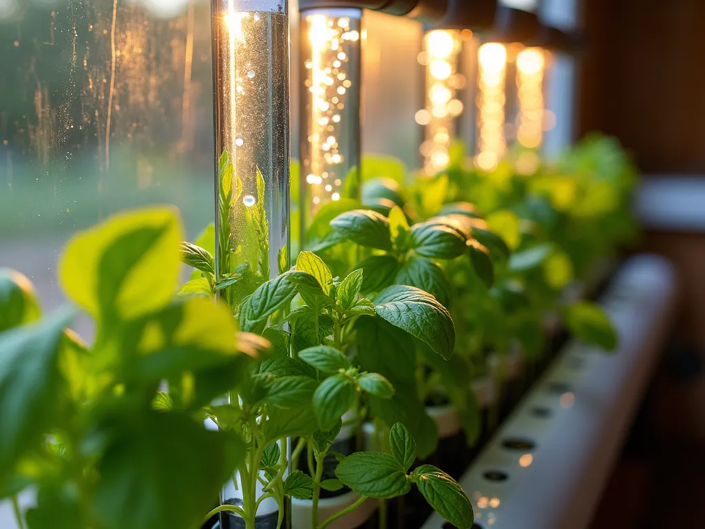 RV Hydroponic Window Garden - Close-up view of a modern, sleek hydroponic window garden system installed in an RV's large window, bathed in warm afternoon sunlight. Fresh lettuce, basil, and mint grow in vertical transparent tubes with cascading water. LED grow lights provide supplemental lighting, creating a magical glow. The system features multiple levels of growing spaces with vibrant green plants at different stages of growth. Water droplets glisten on the leaves, while the RV's cozy interior is visible in the soft background. The setup includes a compact water reservoir with digital monitoring system, showing the perfect integration of nature and technology in a mobile living space.