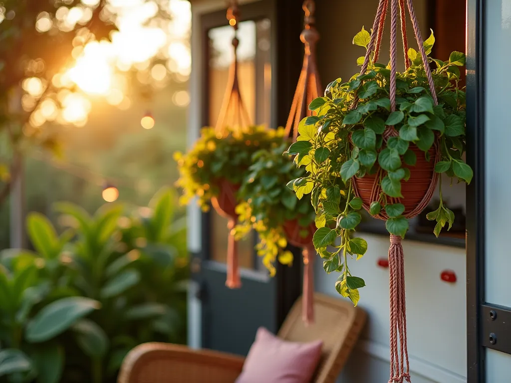 RV Prayer Plant Hanging Garden - Close-up view of a cozy RV patio corner at golden hour, featuring multiple cascading prayer plants (Maranta leuconeura) in stylish macramé hanging baskets. The plants' distinctive red-veined leaves are beautifully illuminated by warm sunlight, some folded up to showcase their unique movement patterns. A comfortable rattan chair sits below, surrounded by the tropical canopy, creating an intimate jungle-like atmosphere. The RV's exterior wall provides a clean white backdrop, while string lights add a magical ambiance. Photorealistic, soft natural lighting, shallow depth of field.