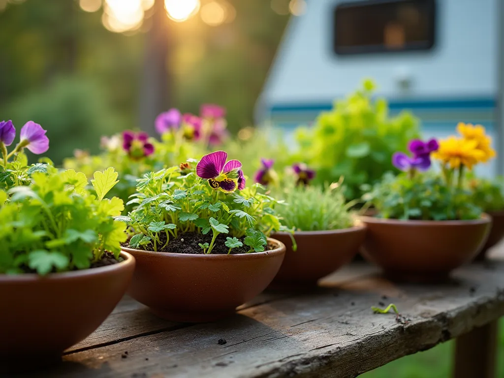 RV Salad Bowl Garden in Morning Light - A close-up shot of an artfully arranged collection of shallow ceramic bowls on a rustic wooden table outside an RV, captured in soft morning light. The bowls contain a vibrant array of fresh lettuce varieties in different shades of green and purple, sprouting microgreens, and colorful edible flowers like nasturtiums and pansies. Dew drops glisten on the leaves, while the RV is softly blurred in the background. The composition is photographed from a 35-degree angle using a 35mm lens at f/2.8, creating a beautiful depth of field that highlights the fresh, living salad garden while maintaining context of the mobile lifestyle. Natural sunlight filters through the leaves, creating gentle shadows and highlighting the texture of the various greens.