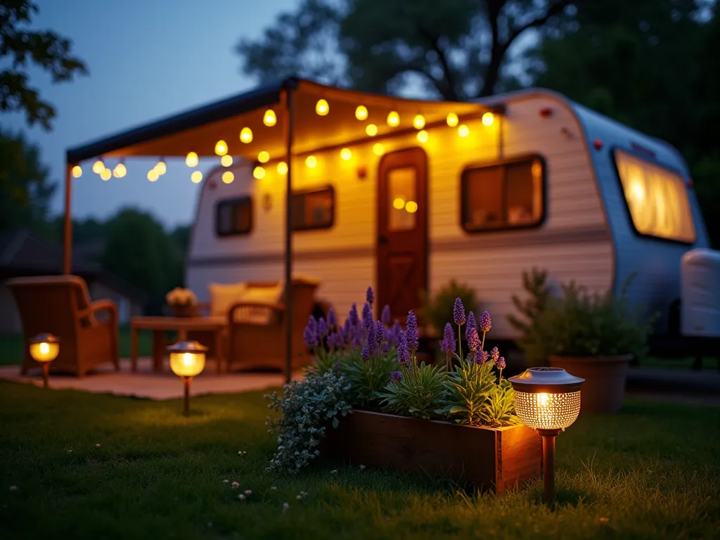 RV Garden Solar Light Paradise - Dusk photography of a cozy RV campsite garden, illuminated by warm solar-powered lighting. Multiple decorative copper stake lights create gentle pools of light around potted lavender and flowering succulents. Weatherproof LED string lights draped overhead between the RV awning and nearby trees cast a magical golden glow. The scene features a small portable raised bed with herbs and a comfortable outdoor seating area with cushioned wicker furniture. Shot with shallow depth of field focusing on the ethereal light patterns, capturing the enchanting ambiance and homey atmosphere. Soft bokeh effects enhance the warm lighting, while the RV silhouette provides a gentle backdrop in the fading twilight.