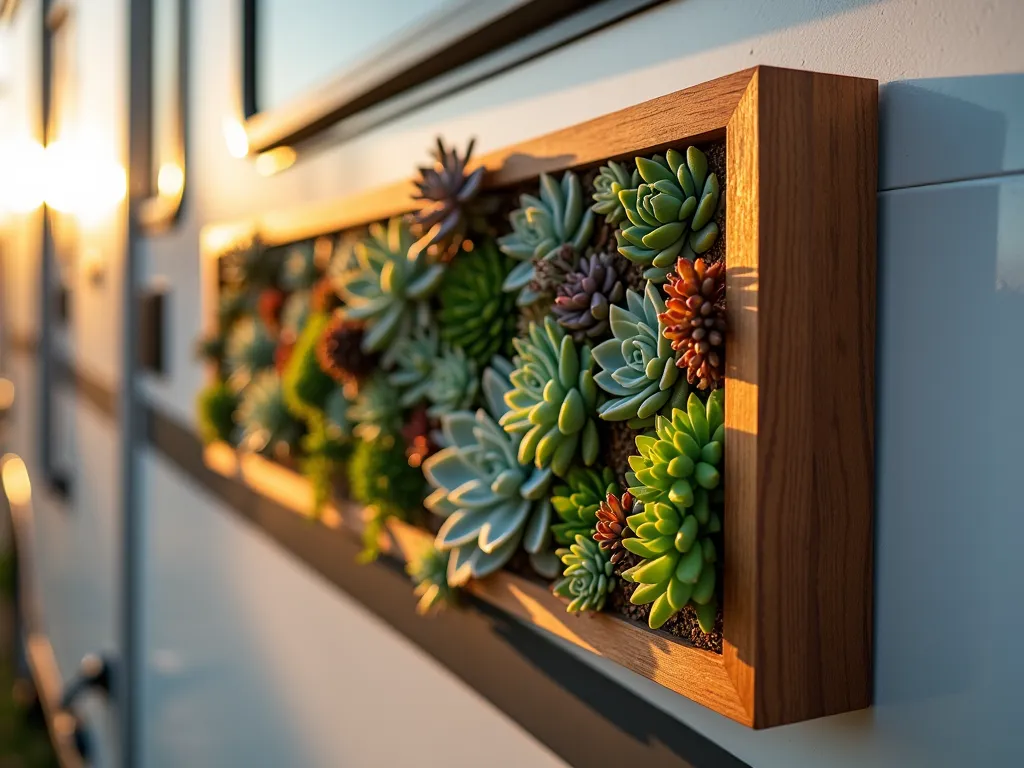 RV Succulent Living Wall Art - Close-up view of a modern wooden frame mounted on an RV's exterior wall, filled with a vibrant array of colorful succulents arranged in an artistic pattern. The shallow frame features various sizes and types of succulents including Echeveria, Sedum, and Sempervivum, creating a mesmerizing geometric design. The living wall art is photographed during golden hour, with warm sunlight casting gentle shadows across the textured leaves, highlighting their unique shapes and colors. The frame is professionally mounted and includes a subtle drip irrigation system. The composition shows a portion of the sleek RV exterior, emphasizing the contrast between the natural elements and modern vehicle design.