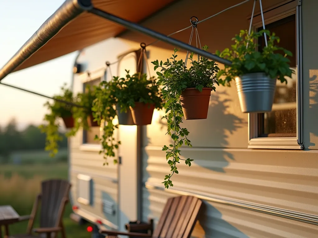 RV Awning Herb Garden with Tension Rods - Rustic modern RV outdoor scene at golden hour, featuring an elegant tension rod system mounted under a cream-colored RV awning. Multiple sleek stainless steel tension rods span horizontally, adorned with silver S-hooks supporting small terracotta and galvanized metal planters. Fresh herbs cascade naturally, including basil, thyme, and rosemary, creating a living curtain effect. Soft evening sunlight filters through the herbs, casting delicate shadows on the RV's exterior. The setup appears modular and easily dismantled, with some hooks holding vintage-style watering cans. A cozy outdoor seating area is partially visible below, with a weathered wood camp chair and small folding table, hyperrealistic photography style, soft bokeh background, 35mm lens perspective.