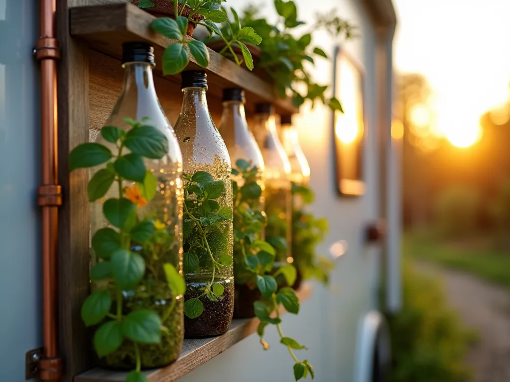 RV Vertical Bottle Garden at Sunset - A close-up shot of a creative vertical garden mounted on an RV's exterior wall, captured during golden hour. Repurposed clear plastic bottles arranged in cascading rows, filled with thriving herbs like basil, mint, and parsley, and colorful trailing nasturtiums. The bottles are mounted on a weathered wooden frame with copper piping for stability. Soft sunset light filtering through the bottles creates a magical glow, highlighting water droplets and the lush greenery within. The modern DIY setup shows an efficient irrigation system connecting the bottles, with the RV's white exterior providing a clean backdrop. Shot with shallow depth of field focusing on the central herbs, creating a dreamy bokeh effect of the campsite surroundings.