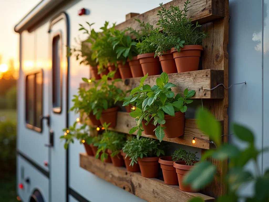 RV Pallet Herb Garden at Sunset - A beautifully repurposed wooden pallet mounted to an RV's exterior wall, photographed during golden hour. The vertical garden features multiple tiers of thriving herbs arranged in rustic terracotta pots, with fresh basil, aromatic thyme, and cascading mint spilling over the edges. Warm sunset light filters through the herbs, creating delicate shadows on the RV's white exterior. Small copper drainage plates catch excess water beneath each pot. The pallet has been weathered to a natural gray tone, complementing the modern RV aesthetic. A string of warm LED lights weaves through the top of the pallet, adding a cozy ambiance. Close-up perspective captures the textural details of the herbs and the natural wood grain, while showing the practical mounting system.