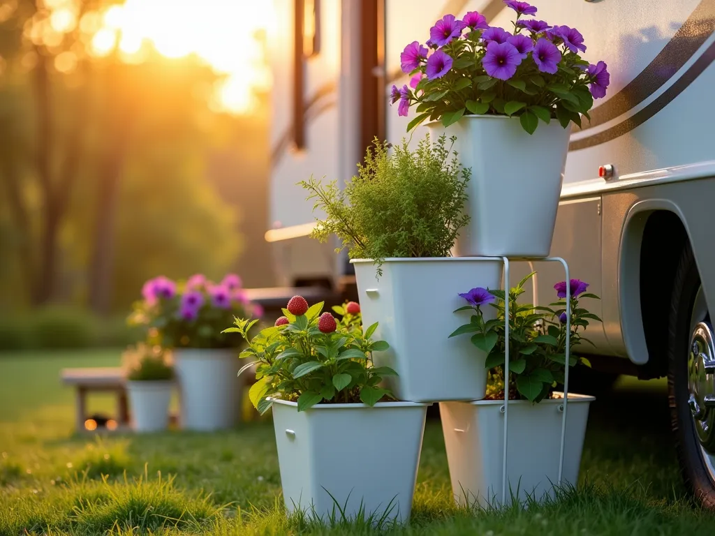 Stackable RV Garden Containers at Sunset - A close-up perspective of modern white stackable garden containers arranged in a vertical tower beside a luxurious RV, bathed in warm golden sunset light. The containers overflow with cascading strawberry plants, fragrant herbs, and vibrant purple petunias. The bottom tier features bushy basil and thyme, while the middle sections showcase compact strawberry plants with ripe red fruits. The top containers burst with colorful flowers. The modular design clearly shows how the containers can nest together, with one partially disconnected to demonstrate storage capability. Shot with shallow depth of field highlighting the lush greenery against the subtle bokeh of the RV exterior. Dew drops on leaves catch the evening light, creating a magical garden atmosphere.