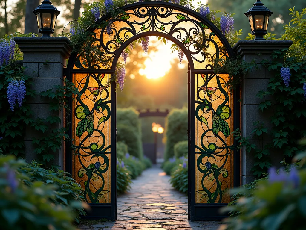 Art Nouveau Garden Gateway at Twilight - A magical Art Nouveau garden gate photographed at twilight, featuring sweeping curves and organic flowing lines in ornate wrought iron work. The gate's design incorporates intertwining vines, peacock feathers, and dragonfly motifs in bronze and copper tones. Elegant stained glass panels in emerald green and amber are set within the metalwork, capturing the last rays of sunlight. Climbing wisteria and moonflowers frame the archway, their tendrils echoing the gate's sinuous design. Shot with a wide-angle lens to capture the full symmetrical composition, with soft bokeh in the background showing a mystical garden path beyond. The scene is illuminated by hidden garden lights that create a warm, ethereal glow, highlighting the metalwork's intricate details. Photographed with a shallow depth of field to emphasize the artistic details of the gateway while maintaining the mysterious atmosphere of the secret garden beyond.