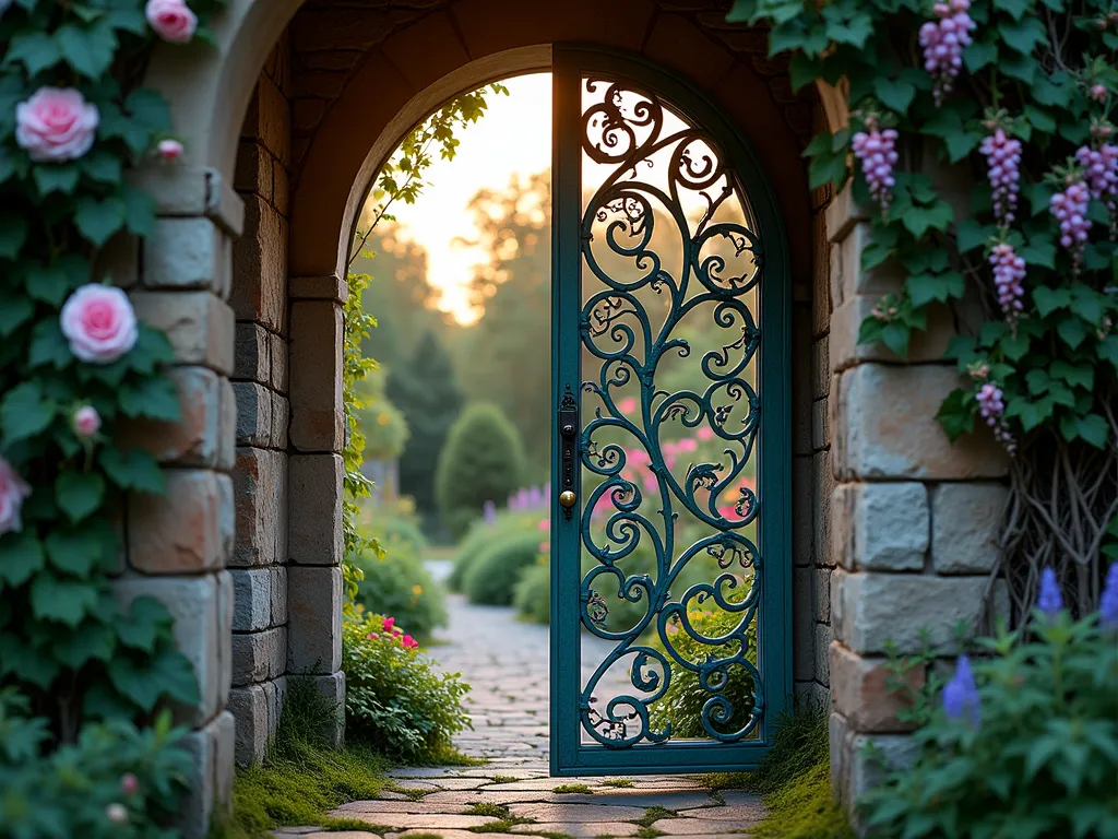 Botanical Cast Iron Garden Door at Dusk - A stunning close-up shot of an ornate Victorian-style cast iron garden door at dusk, featuring intricate botanical scrollwork and delicate flower patterns. The door is set within a weathered stone archway wrapped in climbing roses and wisteria. Soft evening light filters through the metalwork, casting enchanting shadow patterns on a moss-covered garden path beyond. The 7-foot tall door's detailed ironwork includes intertwining vines, blooming flowers, and delicate leaves, all finished in a classic aged verdigris patina. A hidden garden glimpsed through the door features lush greenery and twinkling garden lights, creating a magical atmosphere. Shot with soft depth of field highlighting the door's intricate details.