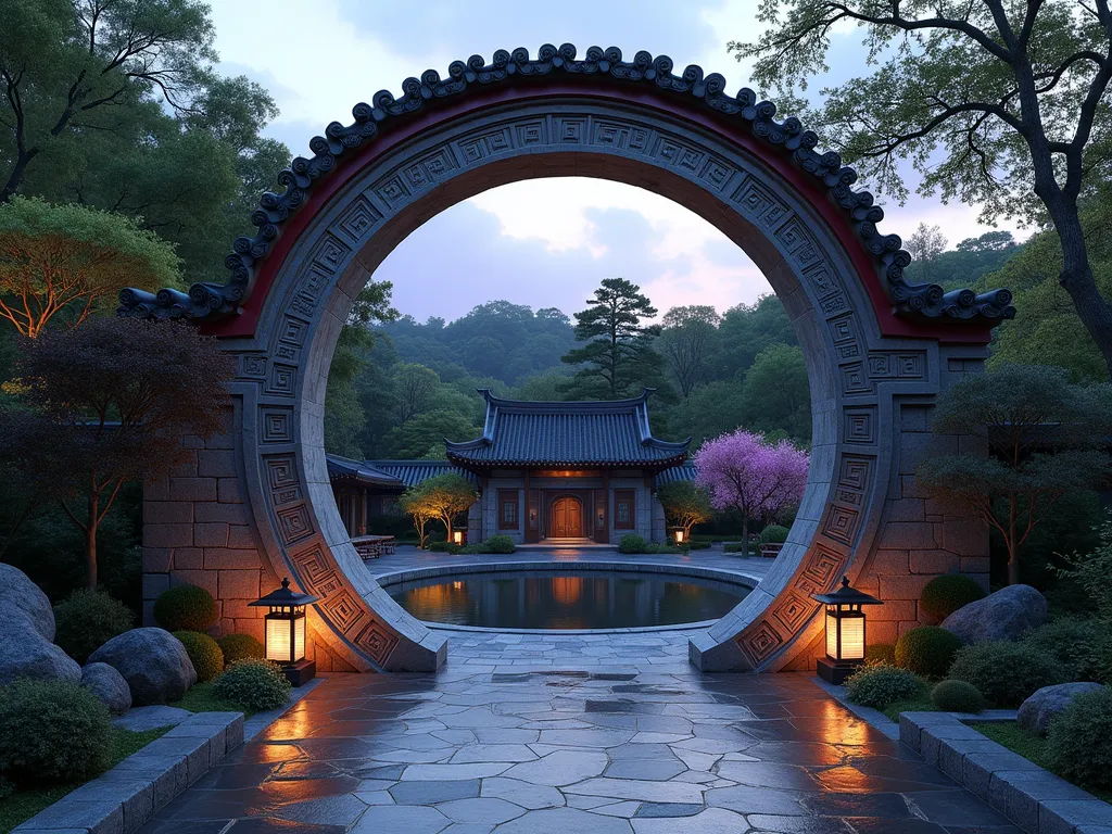 Chinese Moon Gate at Twilight - A stunning circular moon gate made of weathered stone and traditional Chinese architecture, set within a serene garden at twilight. The perfectly round 8-foot portal features intricate carved details and red lacquered trim, while climbing jasmine and wisteria gracefully frame its edges. Through the gate, a peaceful meditation garden is visible with Japanese maples, bamboo groves, and a small koi pond reflecting the dusky purple sky. Stone lanterns line the curved pathway leading to the gate, their soft glow creating an ethereal atmosphere. Shot with a wide-angle lens to capture the full circular symmetry and surrounding landscape, with shallow depth of field highlighting the gate's ancient craftsmanship. The scene is captured in the blue hour, with subtle landscape lighting accentuating the architectural details.