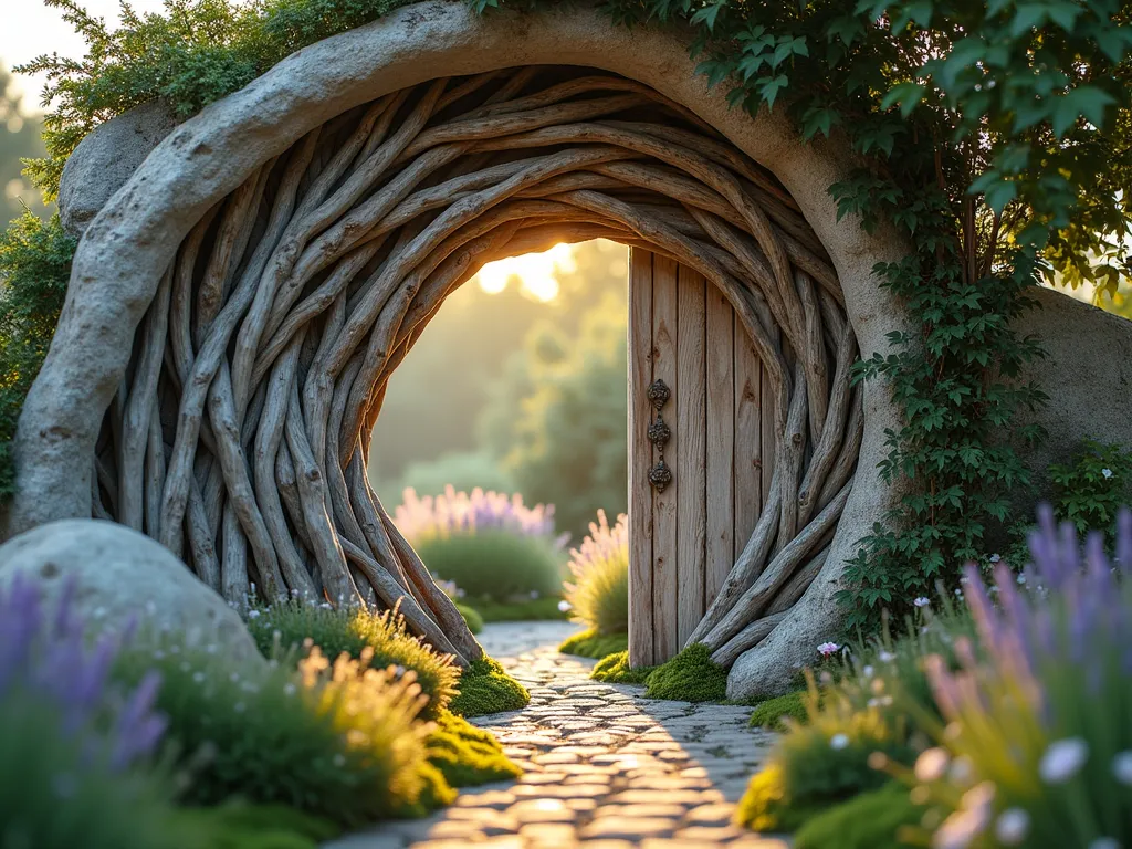 Artistic Driftwood Garden Door at Dusk - A mesmerizing close-up shot of a handcrafted garden door made from weathered driftwood pieces artistically arranged in a sweeping spiral pattern, set within a natural stone archway. The door stands 7 feet tall, with silvery-grey driftwood pieces of varying sizes creating an organic, flowing design. Golden evening light filters through the gaps between the wood pieces, casting intricate shadows on the moss-covered ground. Climbing jasmine and wild roses weave through the driftwood, adding soft white and pink blooms. The surrounding garden features coastal grasses and lavender, creating a dreamy, ethereal atmosphere. Shot with shallow depth of field to emphasize the intricate textures of the weathered wood, with the background garden softly blurred in bokeh effect. DSLR camera, wide-angle lens, f/8, ISO 100, 1/125s