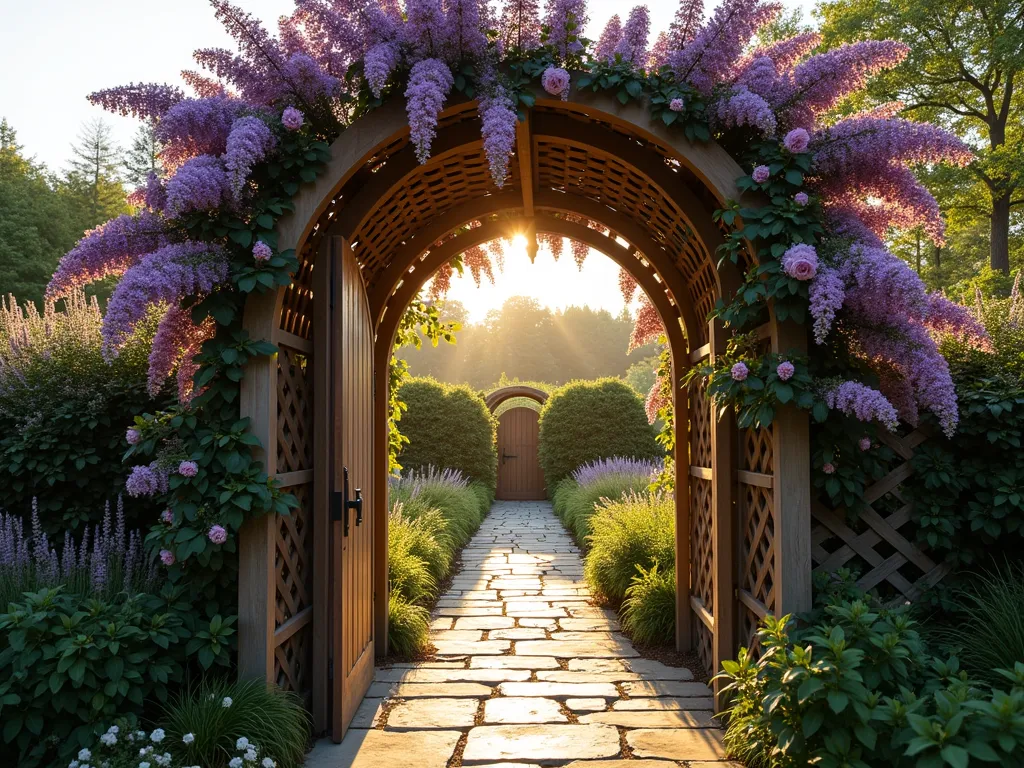 Enchanted Trellis Garden Gateway - A magnificent wooden arched trellis gateway photographed during golden hour, creating a mesmerizing secret garden entrance. The 8-foot tall structure features intricate lattice work and a rustic wooden door with vintage iron hardware. Abundant purple wisteria and climbing pink roses cascade down the trellis, forming a natural living archway. Soft evening sunlight filters through the foliage, casting dappled shadows on the weathered stone path below. The background reveals glimpses of lush garden spaces beyond, with English lavender and white flowering dogwood trees creating depth. Shot with a wide-angle lens at f/8, capturing the full grandeur of the structure while maintaining sharp detail in both the architectural elements and botanical features. Dramatic perspective emphasizes the portal-like quality of the entrance.