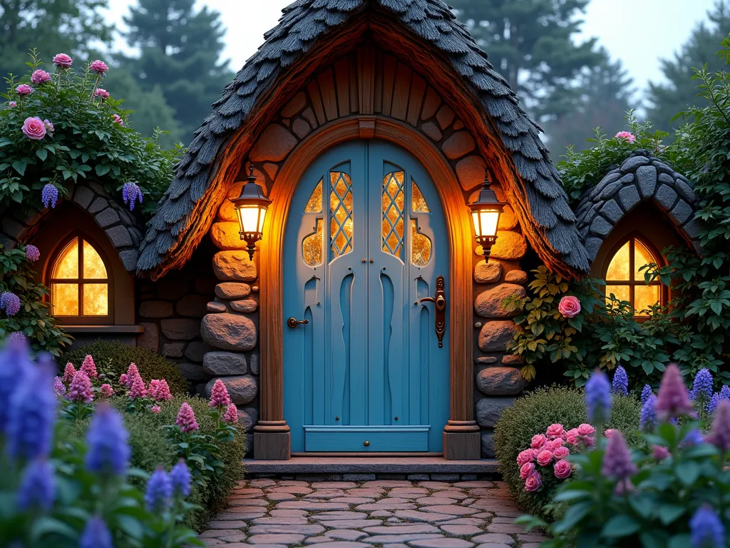 Enchanted Cottage Garden Door at Twilight - A magical, arched wooden door with a peaked, thatched top nestled within a blooming garden wall, photographed at twilight. The door features whimsical curved edges, ornate brass hardware, and diamond-paned windows with soft light glowing through. Painted in a cheerful periwinkle blue with copper accents. Surrounded by climbing roses, wisteria, and fairy lights. Sweet william and foxgloves line the cobblestone path leading to the door. Shot with a wide-angle lens capturing the entire magical scene, with golden hour lighting casting long shadows and creating a dreamy atmosphere. Realistic high-end photography, sharp details, magical ambient lighting, 16-35mm, f/2.8, ISO 400.