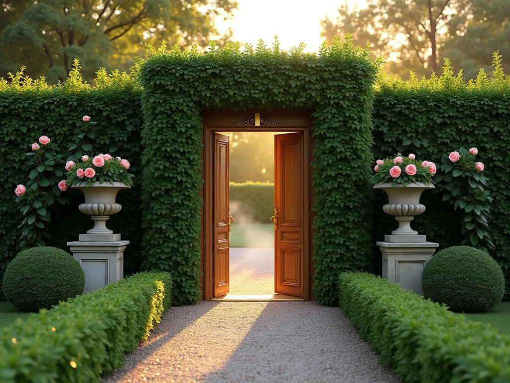 Enchanted Hidden Hedge Portal - Photorealistic wide-angle shot of an immaculate formal garden at golden hour, featuring a perfectly manicured 8-foot-tall emerald green boxwood hedge wall. A cleverly concealed wooden door frame is seamlessly integrated into the hedge, completely covered in matching topiary, creating an invisible entrance. Subtle hints of the door's outline are barely visible, with ornate brass hardware peeking through the greenery. Soft, warm sunlight filters through nearby trees, casting dappled shadows on the meticulously maintained gravel path leading to the secret entrance. Classical stone urns with cascading ivy flank the hidden door, while climbing roses adorn the surrounding hedge sections, adding romance and mystery to the scene. Atmospheric mist hovers near the ground, enhancing the magical ambiance.