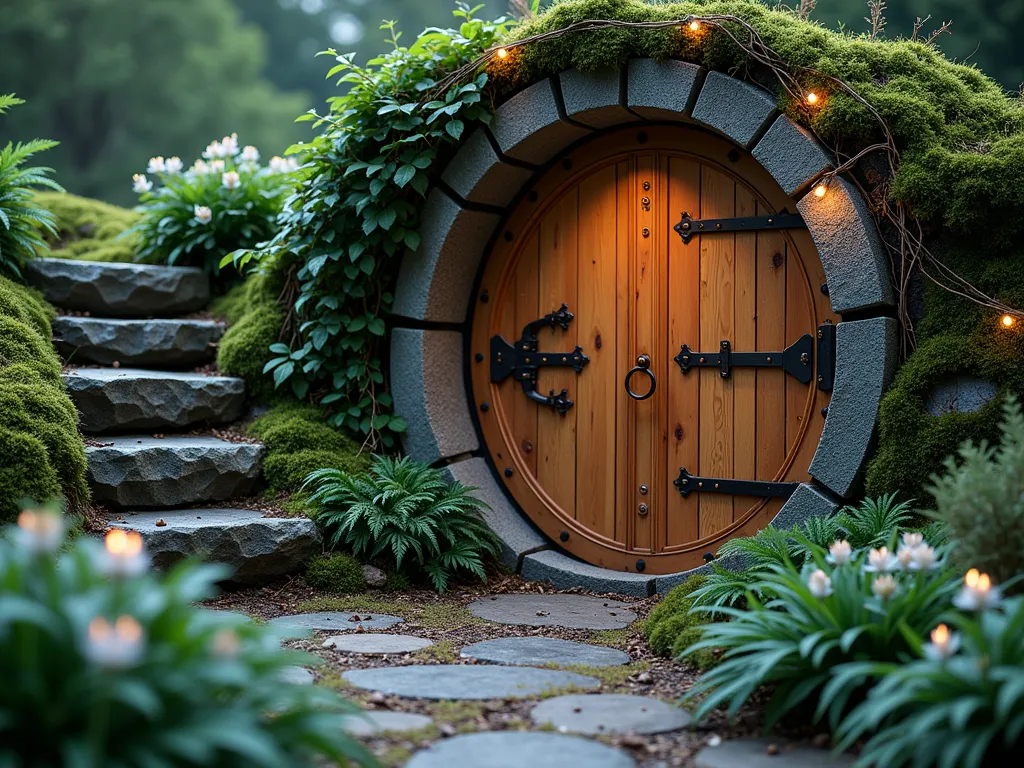 Enchanted Hobbit Garden Door at Twilight - A magical circular wooden door nestled into a moss-covered stone wall at twilight, photographed at a slight angle. The perfectly round door features ornate copper hardware, including a central door knob and decorative hinges that spiral across its richly stained oak surface. The door is framed by a curved stone archway adorned with climbing ivy and delicate fairy lights. The surrounding landscaping includes a gently sloping hillside with embedded stone steps, lush ferns, and blooming moonflowers. Soft, warm lighting emanates from behind the door, creating a ethereal glow that highlights the copper details and stone textures. Shot with a medium-wide perspective to showcase both the door's detail and its integration into the garden setting.