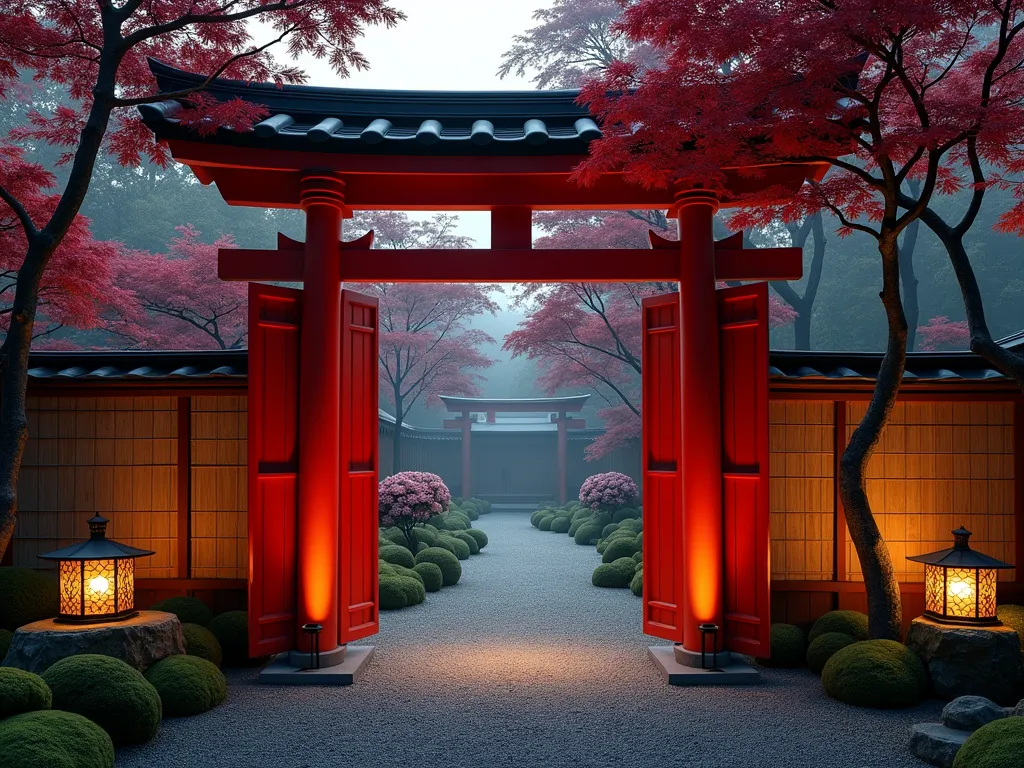 Serene Japanese Torii Garden Gateway at Dusk - A photorealistic wide-angle shot of a traditional vermillion red Japanese torii gate with integrated sliding shoji doors, captured at dusk in a residential backyard. The gate is flanked by elegant Japanese maple trees with deep burgundy leaves, their branches gracefully arching over the entrance. Natural bamboo screens create privacy on either side, while stone lanterns emit a soft, warm glow. A winding gravel path leads through the gate, disappearing into a misty Zen garden beyond. Moss-covered stones and carefully manicured azalea bushes line the pathway. Shot with a 16-35mm lens at f/2.8, ISO 400, capturing the ethereal transition between day and night, with gentle lighting highlighting the gate's architectural details and creating mysterious shadows in the garden.