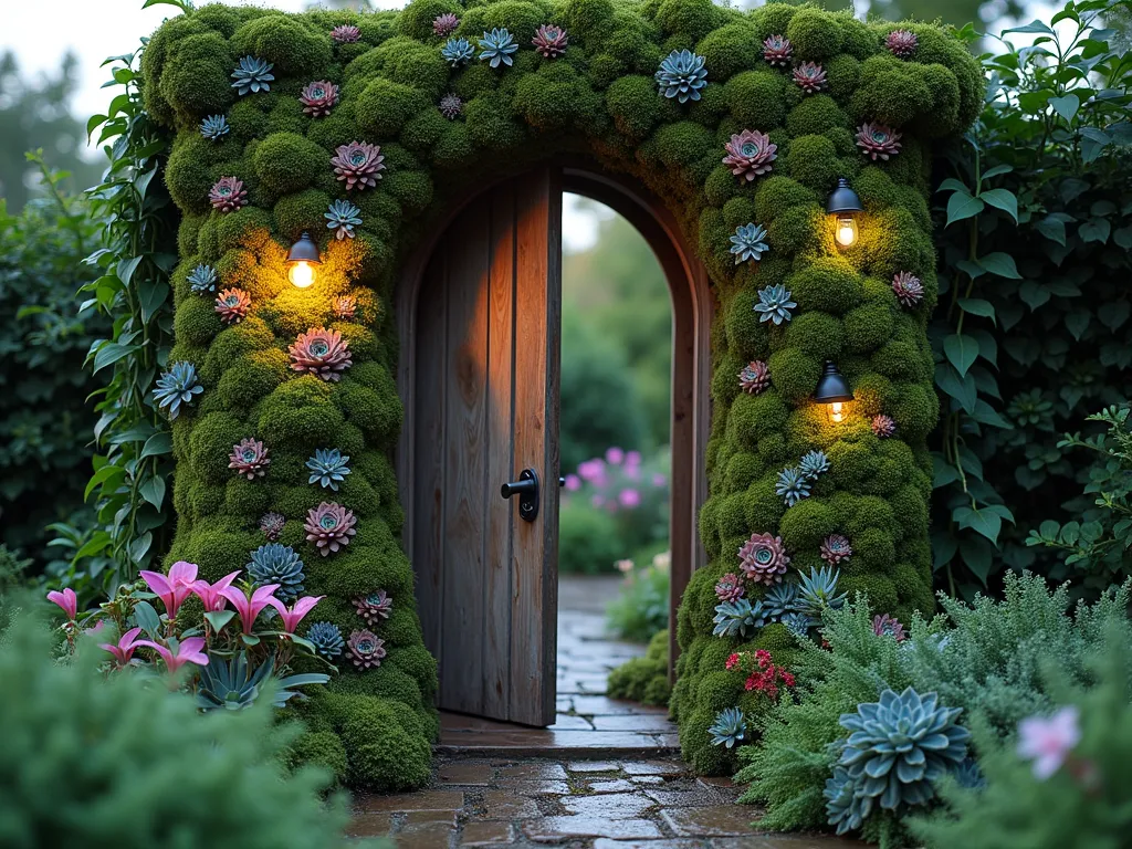 Living Succulent Garden Door at Twilight - A magical garden doorway at twilight, where an ornate wooden door frame is completely covered in a lush, living tapestry of various succulents and emerald moss. The plants create intricate natural patterns across the frame, with echeverias, sedums, and string of pearls cascading down the sides. Small LED lights are nestled among the plants, creating a ethereal glow. The door itself is weathered wood, partially open to reveal a mysterious garden path beyond. Morning dew glistens on the moss, while small patches of colorful flowering succulents add pops of pink and purple. Shot from a slight angle to capture depth and dimension, with soft twilight lighting casting gentle shadows across the living wall. The surrounding garden features climbing vines and ferns that seem to reach toward the living door frame.