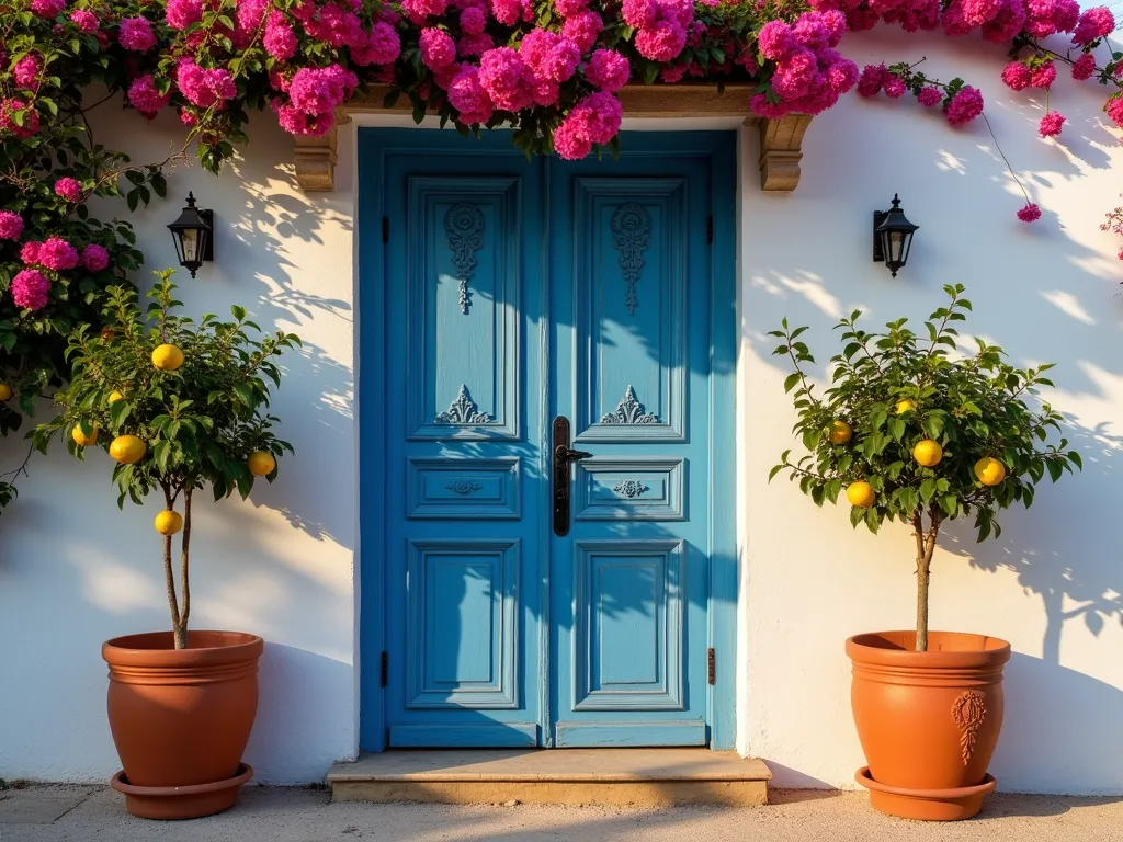 Mediterranean Blue Garden Door with Citrus Trees - A rustic whitewashed garden wall showcasing a stunning Mediterranean blue wooden door with ornate black wrought iron hardware, captured during golden hour. The door features intricate carved panels and a weathered patina, flanked by two large terracotta pots containing flourishing lemon trees. Climbing bougainvillea in deep pink cascades over the wall, creating a romantic frame. The composition is shot at a slight angle to capture depth, with dappled sunlight creating beautiful shadows across the textured wall surface. Professional DSLR photo with wide-angle lens, f/8, ISO 100, 1/125 sec, emphasizing the rich blue tones against the crisp white wall.