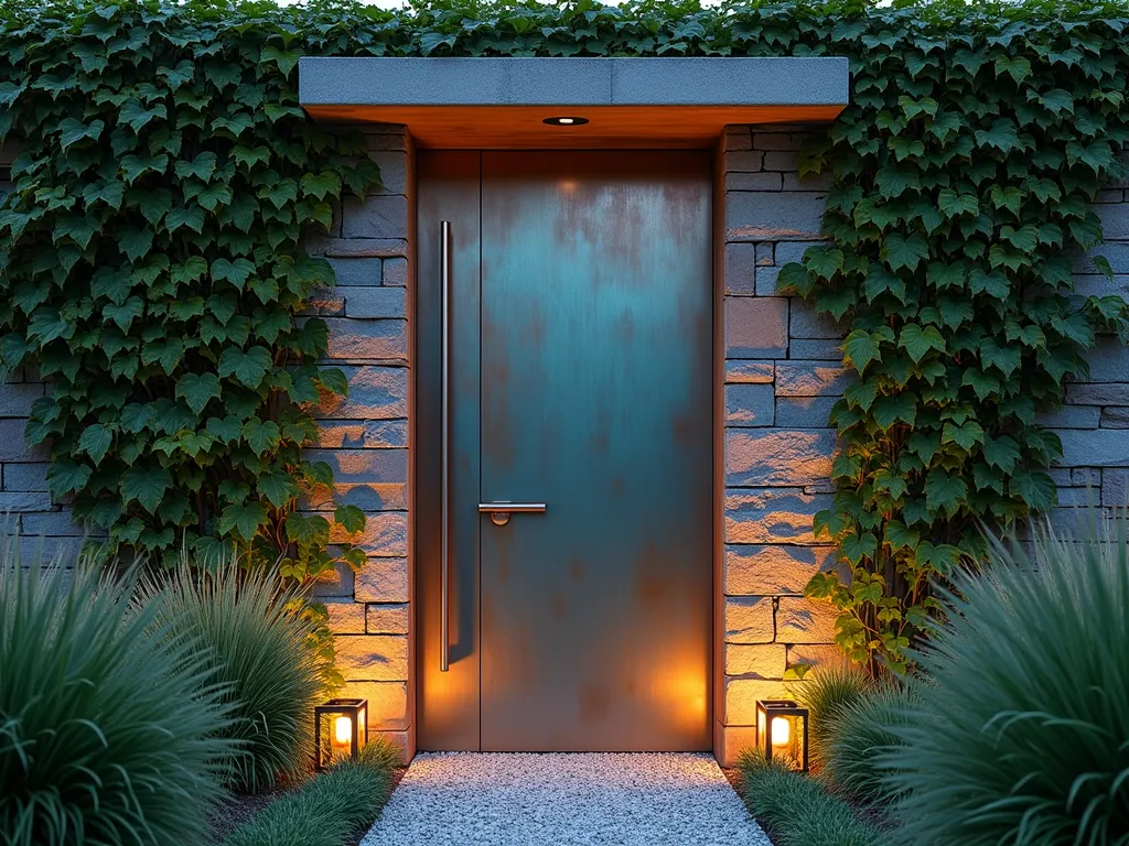 Modern Copper Garden Door at Twilight - A stunning close-up shot of a sleek, 8-foot-tall modern garden door completely clad in weathered copper sheeting, showcasing its natural blue-green patina. The door is set within a contemporary stone wall covered in climbing ivy. Soft twilight illumination highlights the copper's warm metallic tones, while modern LED uplighting creates dramatic shadows. The door features minimalist hardware in brushed stainless steel and is flanked by tall ornamental grasses and Japanese forest grass. A narrow gravel path leads to the door, bordered by low-growing creeping thyme and small copper garden lanterns that echo the door's materiality. The composition captures the magical transition between day and night, emphasizing the door's mysterious and sophisticated presence in the garden landscape.