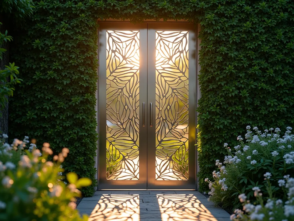 Modern Geometric Garden Gateway - A stunning close-up shot of a contemporary 8-foot-tall garden door featuring intricate laser-cut geometric patterns in brushed stainless steel, photographed during golden hour. The door is set within a lush green garden wall covered in climbing jasmine. Dramatic shadows cast by the geometric patterns create mesmerizing patterns on a stone pathway. The partially transparent design reveals glimpses of a secret garden beyond, with soft bokeh effects of blooming flowers in the background. The metal's surface catches the warm evening light, creating a ethereal glow that highlights the precision of the geometric cutouts. Shot with a DSLR camera at f/8, ISO 100, 1/125s, capturing the interplay of light, shadow, and organic garden elements against the modern architectural feature.