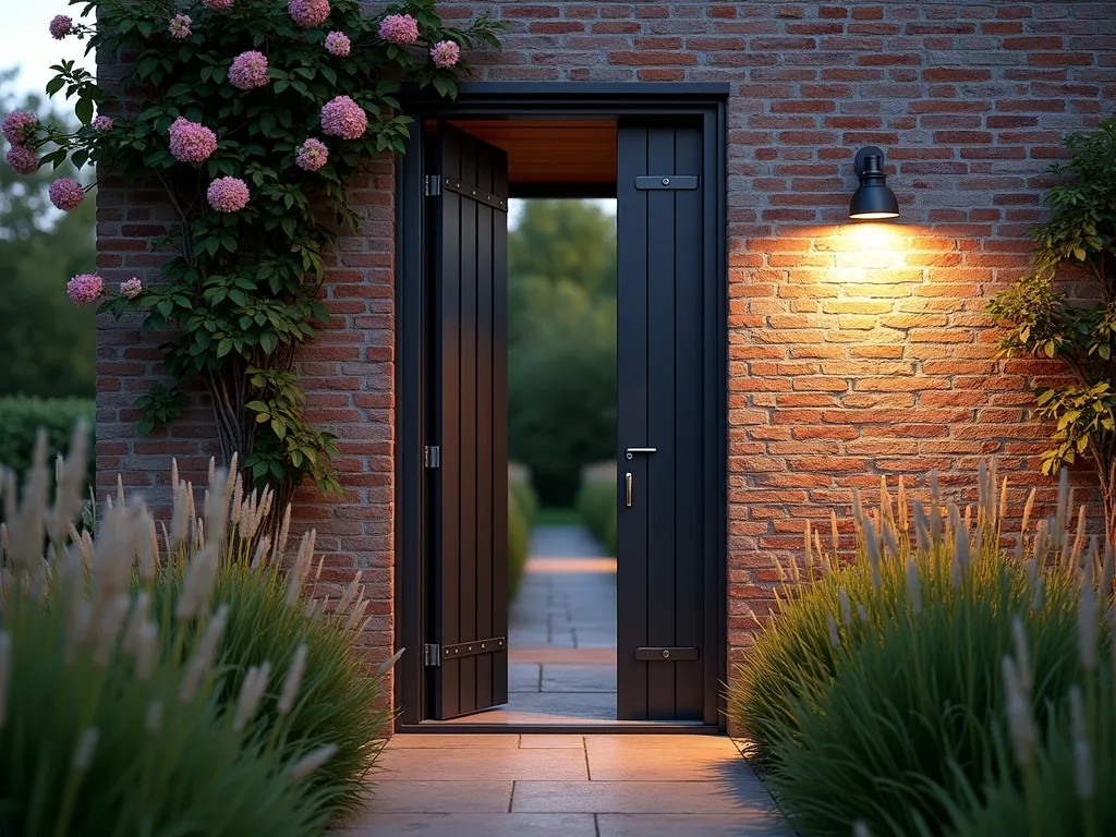 Modern Industrial Secret Garden Gateway - A dramatic twilight shot of a tall, minimalist steel-framed garden door set within a weathered brick wall, photographed with a wide-angle lens. The door features clean geometric lines, exposed industrial hinges, and a sleek handle in brushed steel. Climbing jasmine and wild roses softly frame the metal structure, creating an enchanting contrast between industrial and natural elements. Modern LED uplighting casts dramatic shadows on the textured wall, while ornamental grasses sway in the foreground. The door is slightly ajar, revealing a glimpse of a lush garden beyond. Shot with shallow depth of field highlighting the intricate metalwork against the soft-focused garden background. Professional DSLR capture at f/8, ISO 100, 1/125 sec in golden hour lighting.