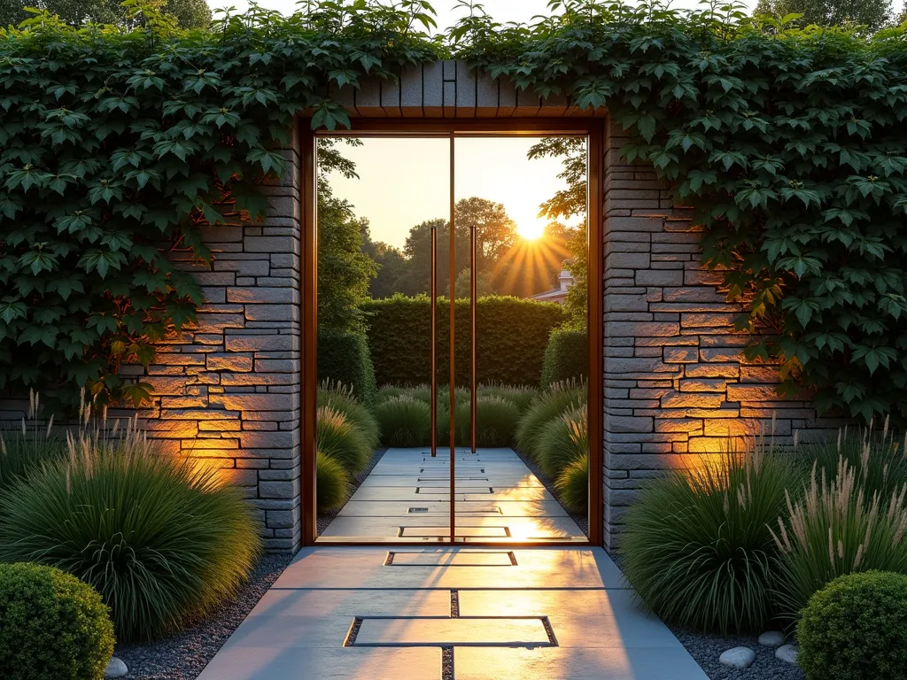 Modern Mirror Garden Portal at Dusk - A stunning wide-angle photograph of a sleek, full-height mirror-finished garden door set within a contemporary stone wall covered in climbing jasmine. The door's reflective surface captures the golden hour light, creating a mesmerizing portal effect that mirrors the surrounding lush garden landscape. Japanese maples and ornamental grasses frame the scene, their forms doubled in the mirror's surface. Shot at dusk with warm, directional lighting casting long shadows across a modern slate pathway. The mirror door appears to extend the garden infinitely, while strategic uplighting creates a magical atmosphere. Photographed with a 16-35mm lens at f/2.8, ISO 400, capturing the ethereal quality of light and reflection.