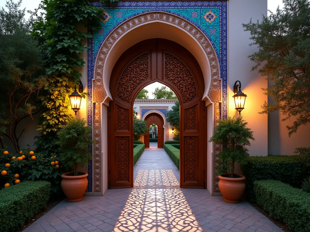 Enchanting Moroccan Garden Archway at Twilight - A stunning twilight photograph of an ornate Moroccan-style garden entrance featuring a grand horseshoe arch with intricate geometric patterns carved into rich cedar doors. The archway is adorned with vibrant blue and turquoise zellige tiles, wrought iron lanterns, and copper metalwork details. Climbing jasmine and bougainvillea frame the entrance, while moroccan-style potted plants and citrus trees line the path. Soft garden lighting creates a magical ambiance, casting intricate shadows of the metalwork patterns onto the stone pathway. The perspective captures the full height of the archway while showing the lush garden setting beyond the partially open doors.