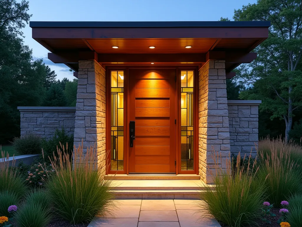 Prairie Style Secret Garden Gateway at Dusk - A stunning Frank Lloyd Wright-inspired garden gateway photographed at dusk using a wide-angle lens. The tall wooden door features strong horizontal cedar planks with geometric Art Deco stained glass panels in amber and sage. Signature prairie-style overhanging eaves protect the entrance. Modern landscape lighting illuminates the door from below, casting dramatic shadows on the surrounding natural stone pillars. Native prairie grasses and echinacea frame the entrance, while Japanese forest grass softens the geometric hardscaping. The door is set within a contemporary curved pergola structure with clean architectural lines and minimal ornamentation, true to Prairie School design principles. Shot with soft evening light creating a magical atmosphere with the stained glass glowing from within.