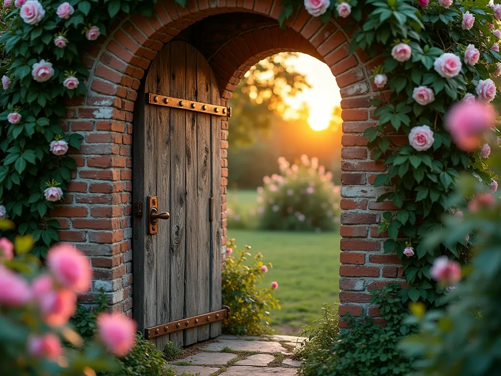 Rustic Secret Garden Door with Climbing Roses - A close-up shot during golden hour of a weathered wooden door reclaimed from a vintage farmhouse, set within an aged brick archway in a lush garden setting. The door features ornate, rusted iron hinges and a tarnished brass handle. Pink and white climbing roses in full bloom cascade around the door frame, their delicate petals catching the warm evening light. Deep green ivy intertwines with the roses, creating a natural frame. The door is slightly ajar, revealing glimpses of a secret garden path beyond. Shot with shallow depth of field focusing on the rustic door details and rose blooms, creating a dreamy, ethereal atmosphere. The scene is captured using a 16-35mm lens at 35mm, f/2.8, during sunset, creating a magical, fairy-tale-like ambiance with natural lens flare.