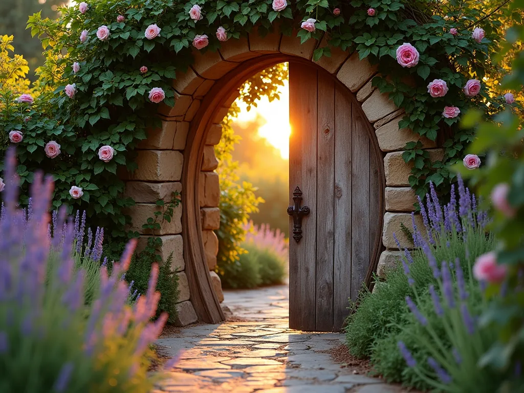 Rustic Wine Barrel Garden Door at Sunset - A magical curved garden door crafted from weathered wine barrel staves, photographed at golden hour. The door is set within a natural stone archway covered in climbing roses and ivy. The door's unique arched shape follows the natural curve of the barrel staves, with wrought iron hardware adding authentic detail. Warm sunset light filters through the gaps between the staves, creating enchanting light patterns on the stone path below. The surrounding garden features lavender bushes and grape vines, adding to the wine country aesthetic. Captured in a slightly angled medium shot to showcase both the door's craftsmanship and its garden setting, with soft bokeh effect in the background.