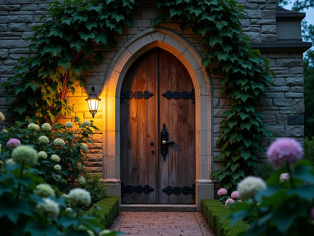 Majestic Salvaged Church Door Garden Entrance - A dramatic twilight photograph of a weathered, 10-foot-tall Gothic-style church door repurposed as a secret garden entrance. The ornate wrought iron hinges and original brass hardware gleam softly in the evening light. The door is set within a stone-clad archway covered in climbing hydrangea and English ivy. The patina of the aged wood creates a rich texture against the natural stone. Shot at f/2.8 with warm ambient lighting highlighting the architectural details and creating a magical atmosphere. The perspective is slightly low and wide-angle, emphasizing the door's towering presence while capturing the surrounding lush garden foliage in soft focus.