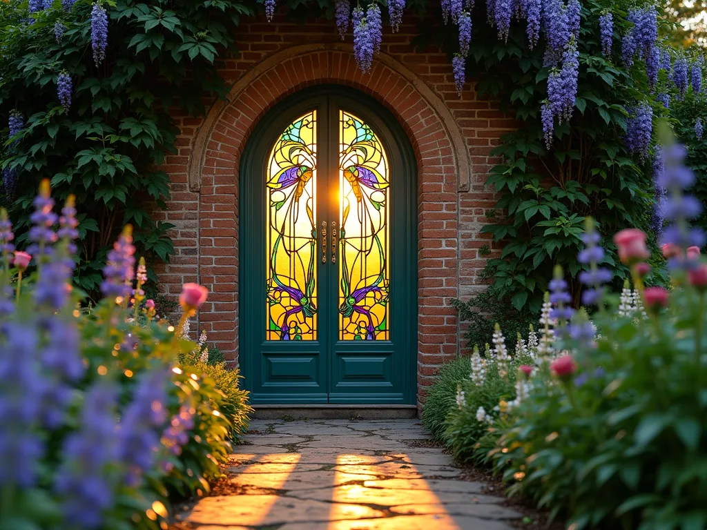 Enchanted Stained Glass Garden Door at Sunset - A stunning Art Nouveau-style garden door photographed at golden hour, featuring ornate stained glass panels with dragonfly and flowering vine motifs in jewel tones of sapphire blue, emerald green, and amber. Sunlight streams through the glass, casting magical colored shadows on a weathered stone path lined with lavender and climbing roses. The door is set within an aged brick archway covered in blooming wisteria, creating a ethereal secret garden entrance. Shot with shallow depth of field focusing on the intricate glass details while maintaining the garden context, captured with natural backlighting to maximize the luminous effect of the stained glass. DSLR, wide-angle lens, f/8, ISO 100, 1/125s.