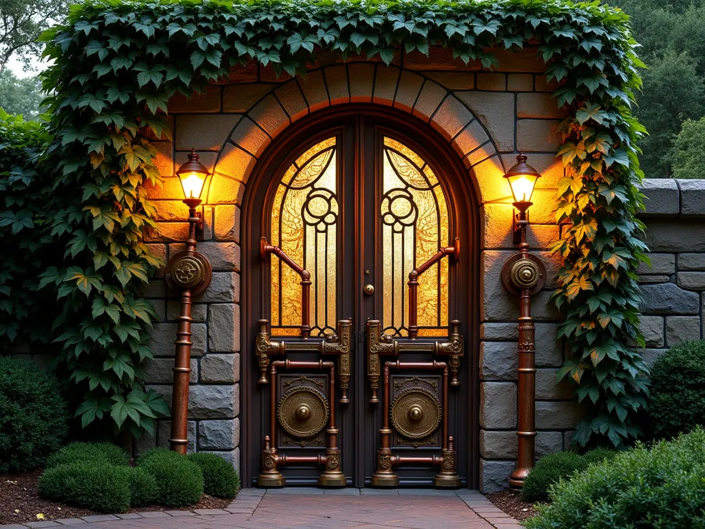 Steampunk Garden Gateway - A stunning garden gate at dusk, photographed with a wide-angle lens at f/2.8. The 7-foot-tall arched door features intricate brass gears, copper pipes, and vintage industrial fixtures that seem to merge with climbing ivy. Warm LED lights glow through ornate stained glass panels embedded within the metalwork, casting mysterious shadows on the surrounding stone archway. Antique pressure gauges and clockwork mechanisms are artfully integrated into the design, while weathered copper patina adds authentic character. The door is flanked by Victorian-style gas lamp posts with Edison bulbs, while Boston ivy gracefully weaves through the mechanical elements. Shot from a slight low angle to emphasize the door's imposing presence, with the golden hour sun creating dramatic highlights on the metallic surfaces.