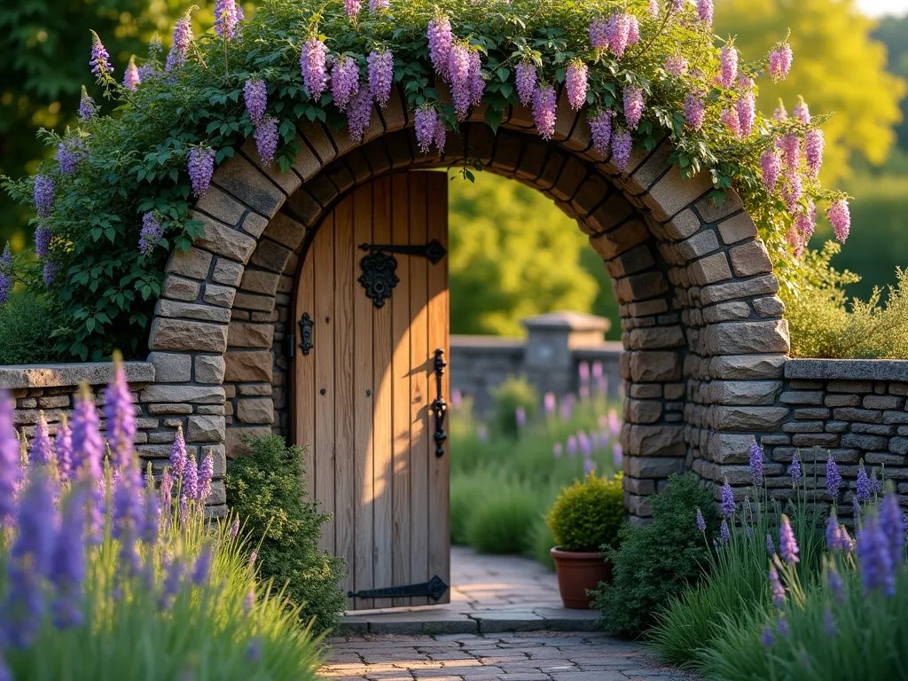 Enchanted Stone Archway Secret Garden Door - A magical dusk photo of a curved natural stone archway with climbing roses and wisteria, housing a weathered oak wooden door with decorative wrought iron hinges. Shot at f/2.8 with golden hour lighting casting long shadows across the textured stonework. The archway is flanked by tall foxgloves and lavender, with Boston ivy creeping up the rough-hewn stones. The wooden door features a vintage brass handle and is slightly ajar, revealing a glimpse of lush greenery beyond. Captured with a wide-angle 16mm lens to showcase the full grandeur of the 8-foot-tall structure while emphasizing the magical atmosphere of the secret garden entrance. Soft bokeh effect in the background shows blurred cottage garden flowers.