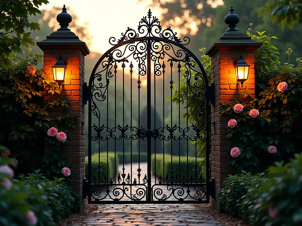 Victorian Wrought Iron Garden Gate at Dusk - A majestic 8-foot tall Victorian wrought iron garden gate, photographed at dusk with golden backlight filtering through its intricate scrollwork and detailed floral patterns. The ornate black gate features elaborate spiral designs, delicate leaf motifs, and graceful arches, set within weathered brick pillars covered in climbing English ivy. A cobblestone path leads through the gate into a mysterious garden beyond, while climbing roses in soft pink intertwine with the metalwork. Warm lantern light illuminates the gate from both sides, casting enchanting shadows on the surrounding foliage. Shot from a slightly low angle to emphasize the gate's grandeur, with depth of field showing a hint of the secret garden beyond.