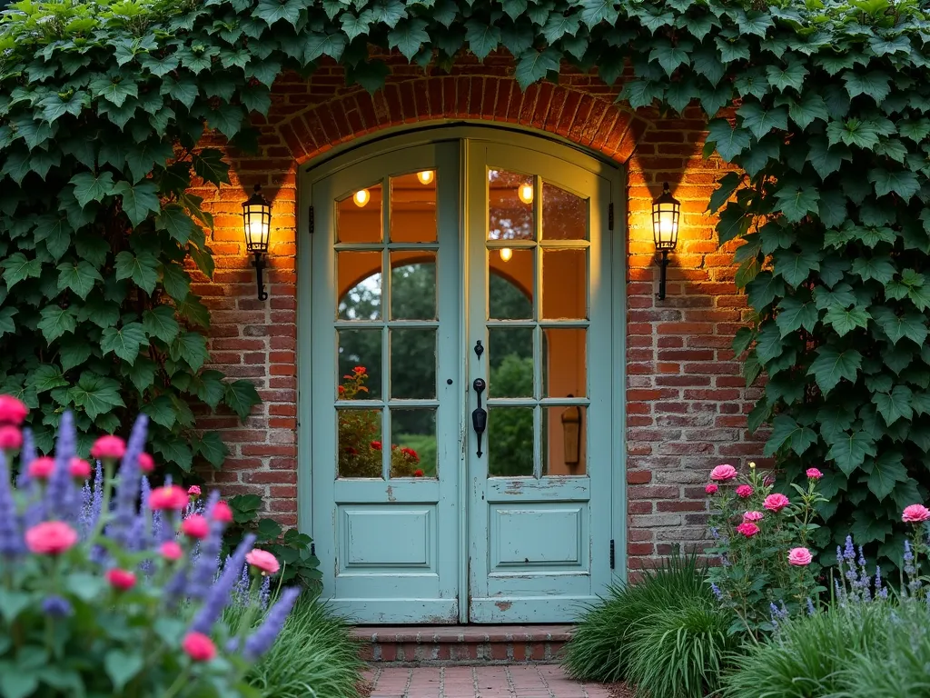 Elegant Vintage French Garden Door - A weathered, repurposed French door painted in soft sage green with multiple glass panes stands as an enchanting garden entrance at dusk. The door is flanked by climbing roses and lavender, with warm evening light filtering through the glass panels revealing a secret garden path beyond. Shot at f/8 with a wide-angle lens to capture the door's architectural details and surrounding cottage garden atmosphere. Climbing vines gracefully frame the vintage hardware, while string lights twinkle in the background creating a magical ambiance. The door is set within an aged brick archway covered in Boston ivy, creating a timeless European garden aesthetic.