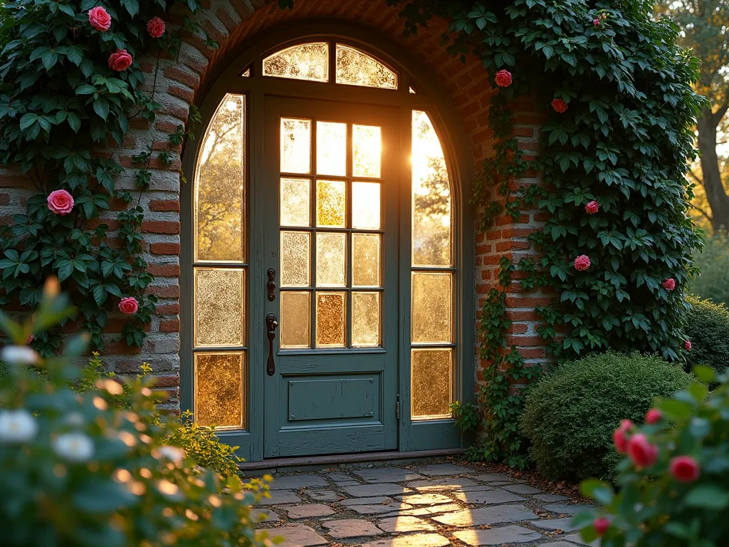 Vintage Window Door Garden Entrance - A rustic garden entrance made from repurposed vintage window frames, photographed during golden hour. The door features a mix of clear, frosted, and antique mirror panels arranged in a charming patchwork pattern. Soft evening light filters through the glass panels, creating magical light patterns on the weathered stone path below. The door is set within a moss-covered brick archway, with climbing roses and ivy intertwining around the frame. Some panels reflect the surrounding garden, while others reveal glimpses through to a secret garden beyond. Shot with shallow depth of field emphasizing the artistic details of the weathered wood frame and varied glass textures. DSLR, wide-angle lens, f/8, ISO 100, 1/125s, natural lighting.