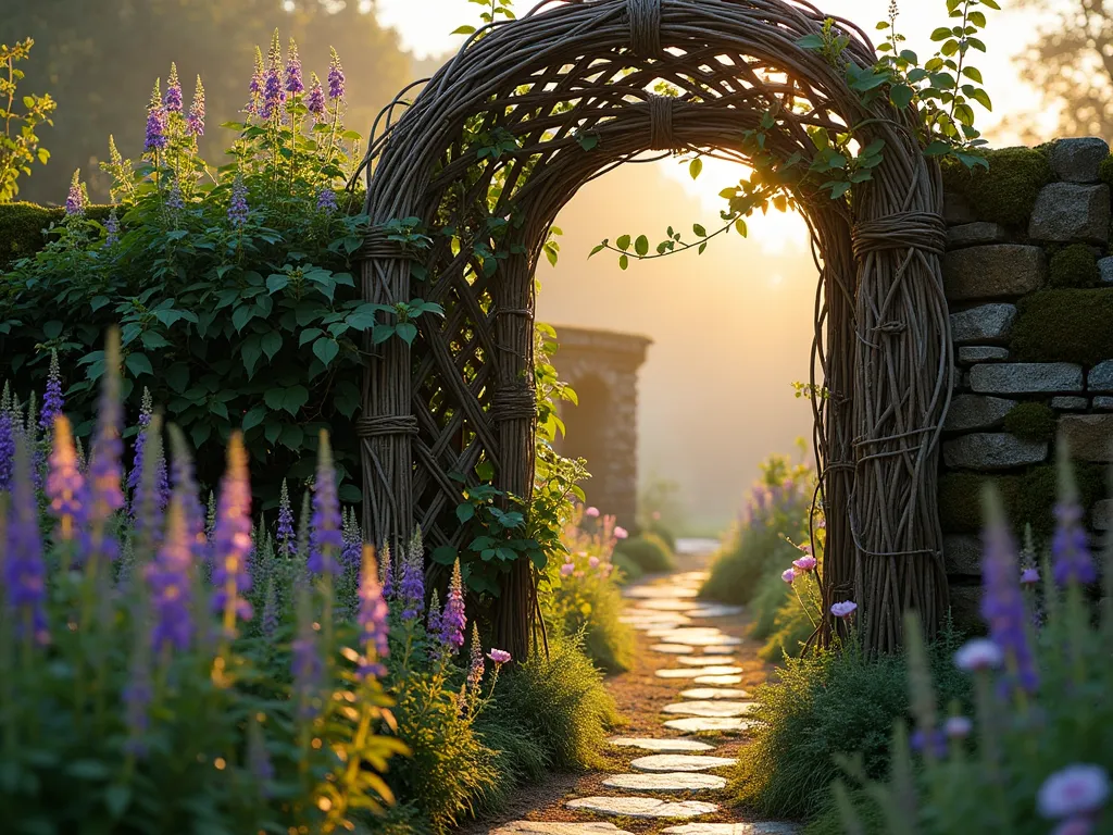 Rustic Woven Willow Garden Gate at Dawn - A close-up view of an intricately woven willow branch garden gate at dawn, with morning mist lingering in the background. The gate features a traditional hurdle weaving pattern with naturally curved willow branches creating an organic lattice design. Climbing roses and morning glory vines gently intertwine through the willow branches, while soft golden sunlight filters through the weave. The gate is set within a weathered stone wall covered in moss, creating a magical cottage garden entrance. English lavender and foxgloves line the natural flagstone path leading to the gate, adding depth and whimsy to the scene.