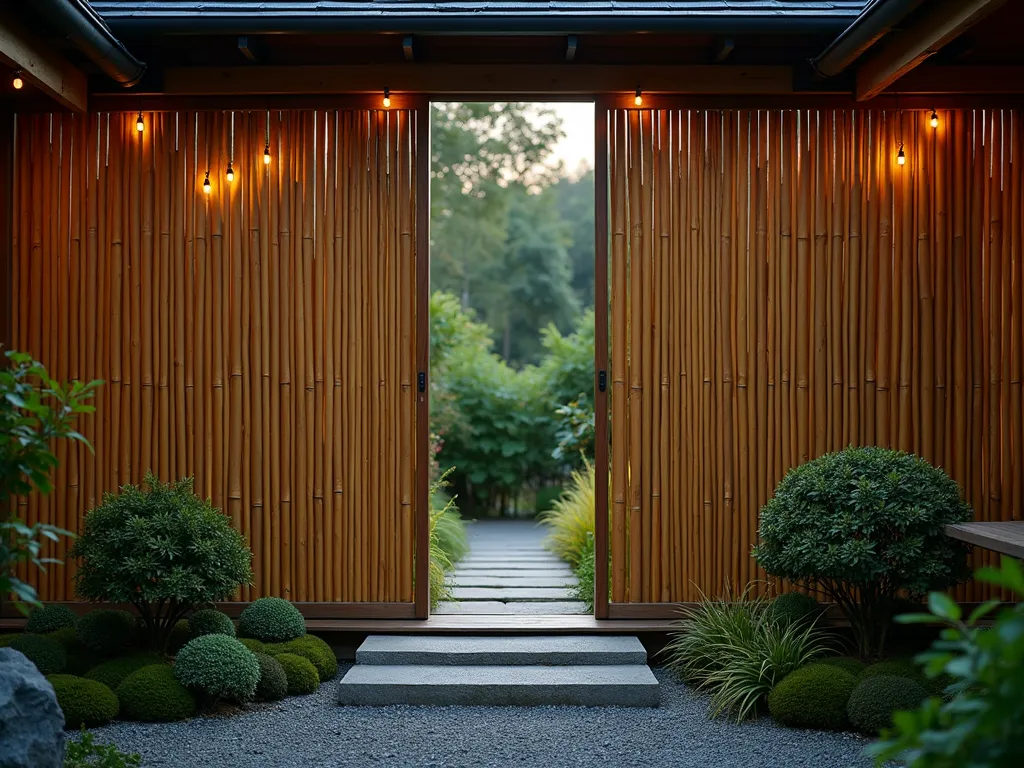 Zen Bamboo Garden Door at Dusk - A serene evening photograph of a sliding bamboo screen door in a Japanese-inspired garden setting. Vertical bamboo poles, varying in natural tones from golden to deep green, are artistically arranged to create a 7-foot-tall sliding door frame. The door is partially open, offering a tantalizing glimpse of a lush secret garden beyond. Soft twilight illumination casts gentle shadows through the bamboo slats, while string lights twinkle in the background. Small Japanese maples and ornamental grasses frame the entrance, with moss-covered stones creating a natural pathway. Shot at f/2.8 with subtle depth of field, capturing the intricate texture of the bamboo and the mysterious ambiance of the garden beyond. Wide-angle perspective showcasing the door's integration with surrounding landscape elements.