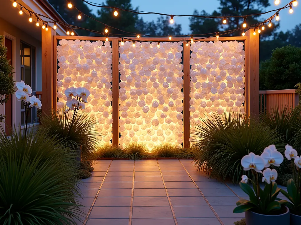 Capiz Shell Privacy Screen at Dusk - A serene garden patio at dusk, featuring an elegant 7-foot-tall capiz shell privacy screen stretching between modern wooden posts. The translucent, pearlescent shells are artfully strung together in overlapping rows, gently moving in the evening breeze. Warm garden lighting behind the screen creates a magical glow through the iridescent shells, casting intricate patterns on the stone patio. Coastal ornamental grasses and potted white orchids frame the scene, while string lights draped overhead add to the enchanting atmosphere. Shot with a wide angle lens capturing the entire screen's ethereal presence in the garden setting, with a shallow depth of field highlighting the screen's luminous quality. Photorealistic, high-end architectural photography.