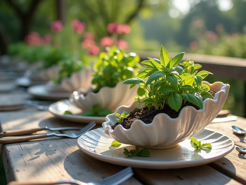 Coastal Kitchen Herb Garden with Clam Shell Planters - Close-up shot of elegantly arranged giant clam shells serving as natural planters on a weathered wooden outdoor dining table. Each pearlescent shell contains thriving herbs like basil, thyme, and mint. Morning sunlight filters through nearby trees, creating a magical interplay of light and shadow on the shells' iridescent surfaces. The shells are artfully arranged among vintage-style table settings, with soft coastal colors and textures. Shot with shallow depth of field highlighting the organic textures of the shells and fresh herbs, while garden flowers blur softly in the background. Dew drops glisten on the herb leaves, creating a fresh, aromatic scene.