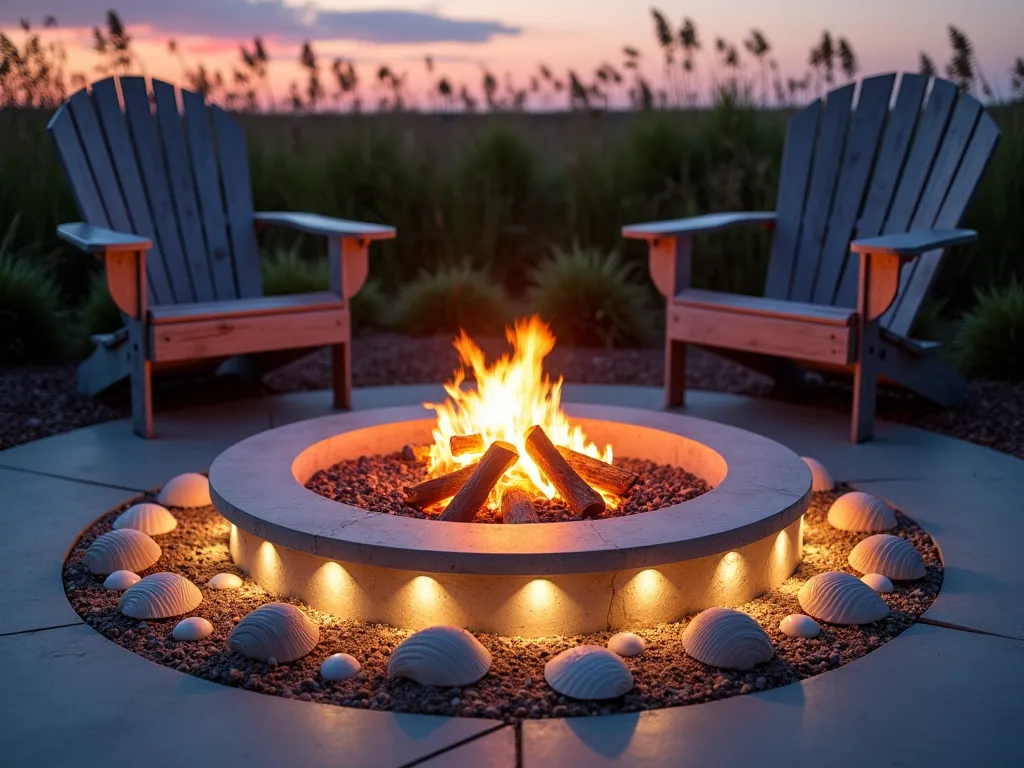 Coastal Fire Pit with Shell Border - A wide-angle twilight shot of a modern circular fire pit in a coastal-style backyard. The fire pit features a striking border of large conch and scallop shells embedded in polished concrete, creating a luminous ring around the flames. The shells, in cream and pearly white, catch the golden glow of the fire. Surrounding the pit are comfortable Adirondack chairs in weathered gray wood, while coastal grasses sway gently in the background. Low voltage landscape lighting illuminates the shell details, creating dramatic shadows. Shot at f/2.8 with atmospheric depth and warm tones, capturing the magical ambiance of dusk by the fire.