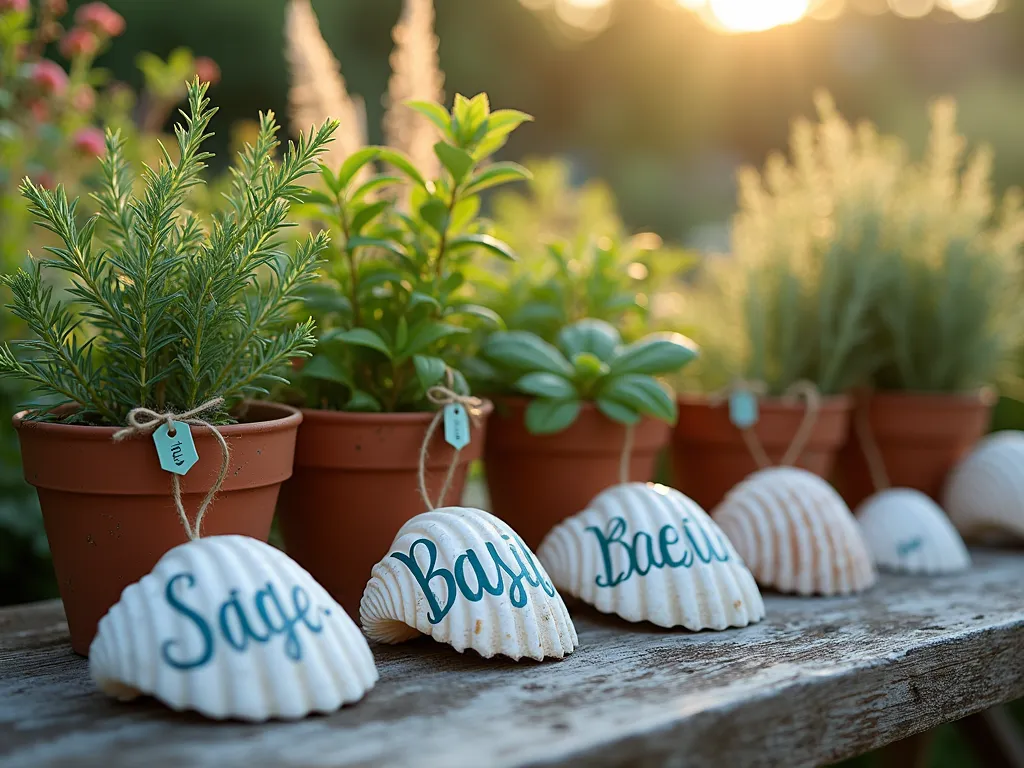 Coastal Herb Garden with Shell Markers - Close-up shot of a rustic herb garden during golden hour, featuring elegant white conch shells acting as plant markers. The shells are artfully painted with herb names in flowing blue script. Fresh rosemary, basil, and sage plants grow in weathered terracotta pots arranged on a weathered wooden garden table. Soft evening sunlight filters through the herbs, casting gentle shadows across the shells. Small identification tags in seafoam green dangle from some shells by natural twine. The background shows a blurred cottage garden with coastal flowers and ornamental grasses swaying in the breeze.