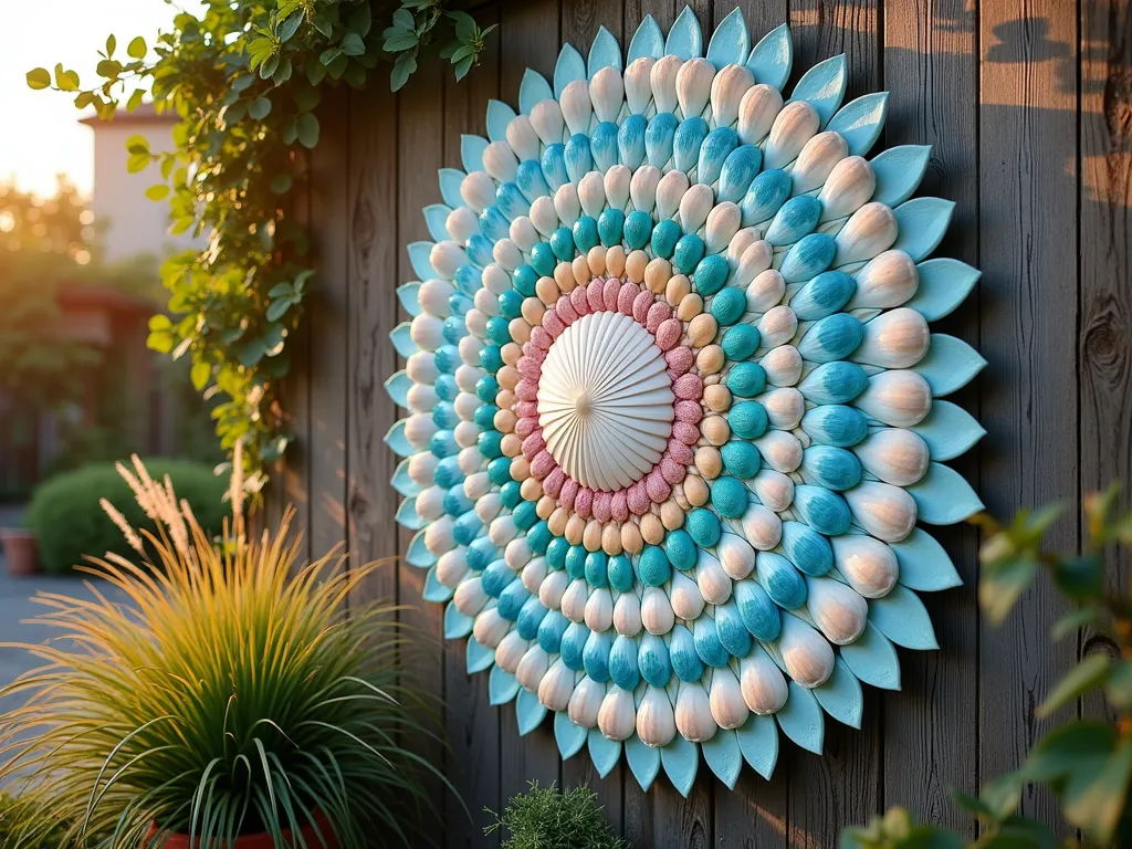 Coastal Scallop Shell Garden Wall Art - A stunning close-up photograph of an artistically arranged pattern of painted and natural scallop shells mounted on a weathered wooden garden wall. The shells form a circular mandala design, with outer rings featuring shells painted in soft coastal blues and aqua tones, transitioning to natural white shells in the center. Golden hour sunlight casts gentle shadows between the shells, highlighting their sculptural qualities. A climbing jasmine plant frames one corner of the installation, while potted coastal grasses sway gently at the base. Shot with shallow depth of field focusing on the intricate shell details, with the background garden softly blurred. DSLR, f/8, ISO 100, 1/125s, natural lighting.