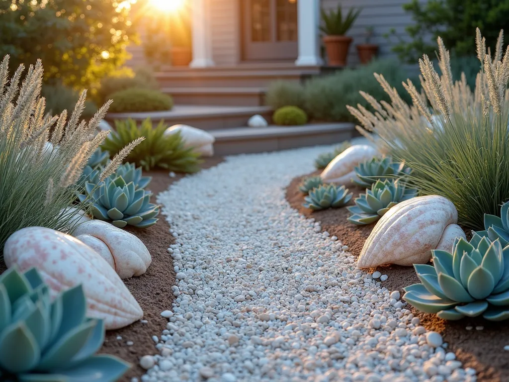 Coastal Garden Path with Seashell Border - A winding garden path at golden hour, photographed from a low angle perspective, showing a rustic walkway bordered by large, pearlescent conch and whelk shells partially embedded in light-colored gravel. Wispy ornamental grasses in silver-blue tones sway alongside the path, while clusters of drought-resistant succulents in varying shades of green and blue add texture. Soft sunlight filters through the grasses, creating ethereal shadows and making the shells glisten. The path curves gracefully through the coastal garden landscape, with beach pebbles and smaller shells scattered naturally between the larger specimen shells. Natural, weathered wooden steps in the background lead to a cozy beach-style porch, creating depth and context. Photorealistic, high detail, soft natural lighting.