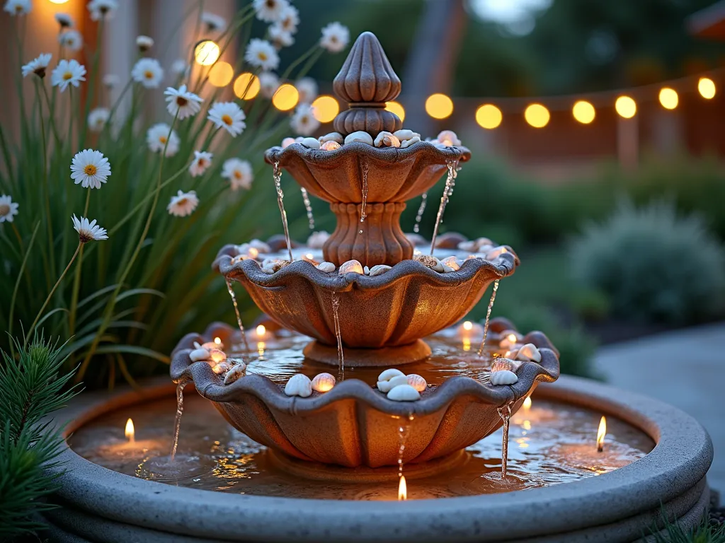 Coastal Shell Fountain at Dusk - A close-up shot of an elegant three-tiered Mediterranean-style garden fountain at dusk, adorned with naturally arranged seashells, conch shells, and starfish. Water cascades gracefully over pearl-toned scallop shells embedded in each tier, creating gentle ripples in the shell-lined basin below. Soft landscape lighting illuminates the fountain, making the water droplets glisten against the weathered copper patina. Surrounded by swaying coastal grasses and white flowering plumbago, with string lights twinkling in the background. Shot with shallow depth of field focusing on the intricate shell details and flowing water. Captured with a 16-35mm lens at f/2.8, ISO 400.