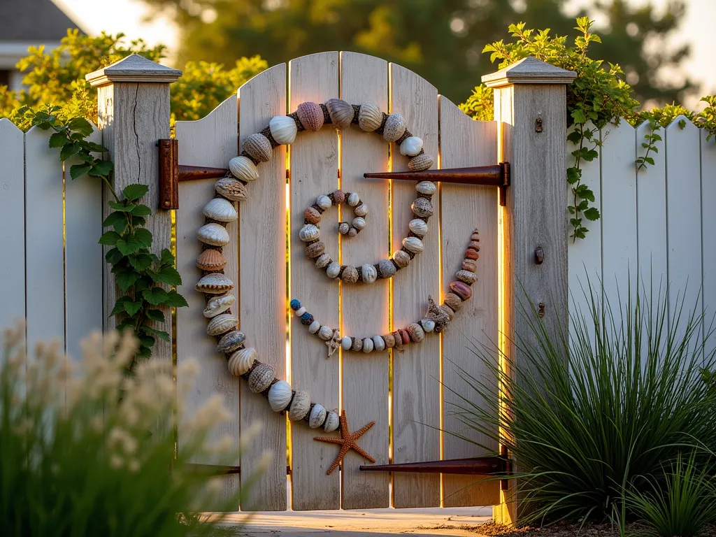 Coastal Shell-Adorned Garden Gate - A charming wooden garden gate at golden hour, photographed at a slight angle, adorned with an artistic arrangement of various seashells, starfish, and sand dollars. The shells create an elegant spiral pattern across the gate's surface, with larger conch shells anchoring the corners. Climbing jasmine vines intertwine with the shell decoration, while coastal ornamental grasses sway gently in the foreground. The gate is set within a whitewashed fence, with glimpses of a lush coastal garden beyond. Soft evening light casts warm shadows through the shells, creating a magical, ethereal atmosphere. The hardware is weathered copper, complementing the natural shell tones.