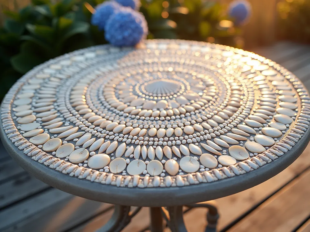 Coastal Shell Mosaic Patio Table - Close-up view of a round outdoor patio table featuring an intricate seashell mosaic design under warm sunset lighting. The mosaic pattern spirals outward from the center, incorporating various sized pearlescent shells, tiny scallops, and sand dollars in shades of white, cream, and iridescent mother-of-pearl. The table surface is glossy with a clear protective sealant, reflecting the golden hour light. The table is positioned on a weathered wooden deck with coastal grasses and blue hydrangeas visible in the soft-focused background, creating a serene beachside atmosphere. High-end photorealistic detail of the shell patterns and textures.