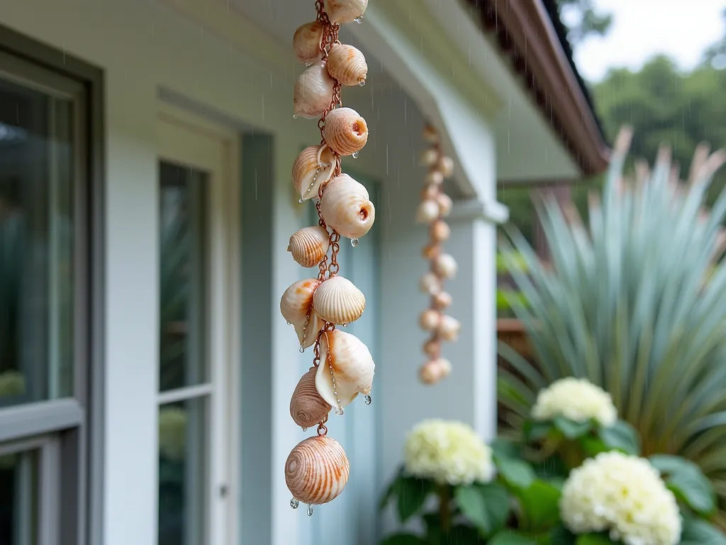 Coastal Shell Rain Chain Garden Feature - A close-up DSLR shot of an elegant copper and shell rain chain hanging from a white craftsman-style roof corner, featuring large natural seashells in varying sizes cascading down. The shells, primarily consisting of conch and nautilus varieties, are connected by copper links, with water droplets gracefully flowing through them during a light afternoon rain. The background reveals a partial view of a coastal garden with silvery-blue ornamental grasses and white hydrangeas. The natural lighting catches the water droplets, creating a crystalline effect as they dance through the shells, while the shallow depth of field at f/8 keeps the rain chain in sharp focus against the softly blurred garden setting. A weathered driftwood post nearby adds architectural interest and reinforces the coastal theme.