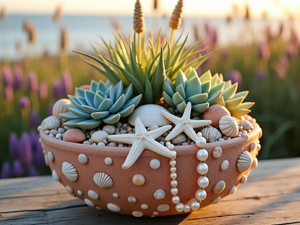 Coastal Shell-Adorned Succulent Planter - Close-up shot of an elegant terracotta planter completely encrusted with naturally arranged seashells, starfish, and sand dollars in cream, peach, and iridescent tones. The planter sits on a weathered wooden deck during golden hour, containing a vibrant arrangement of blue-green echeveria succulents and trailing string of pearls. Small pieces of sea glass are interspersed among the shells, catching the warm evening light. The background shows a blurred coastal garden with ornamental grasses and lavender swaying in the breeze, creating a dreamy seaside atmosphere. Photorealistic, highly detailed, soft natural lighting.