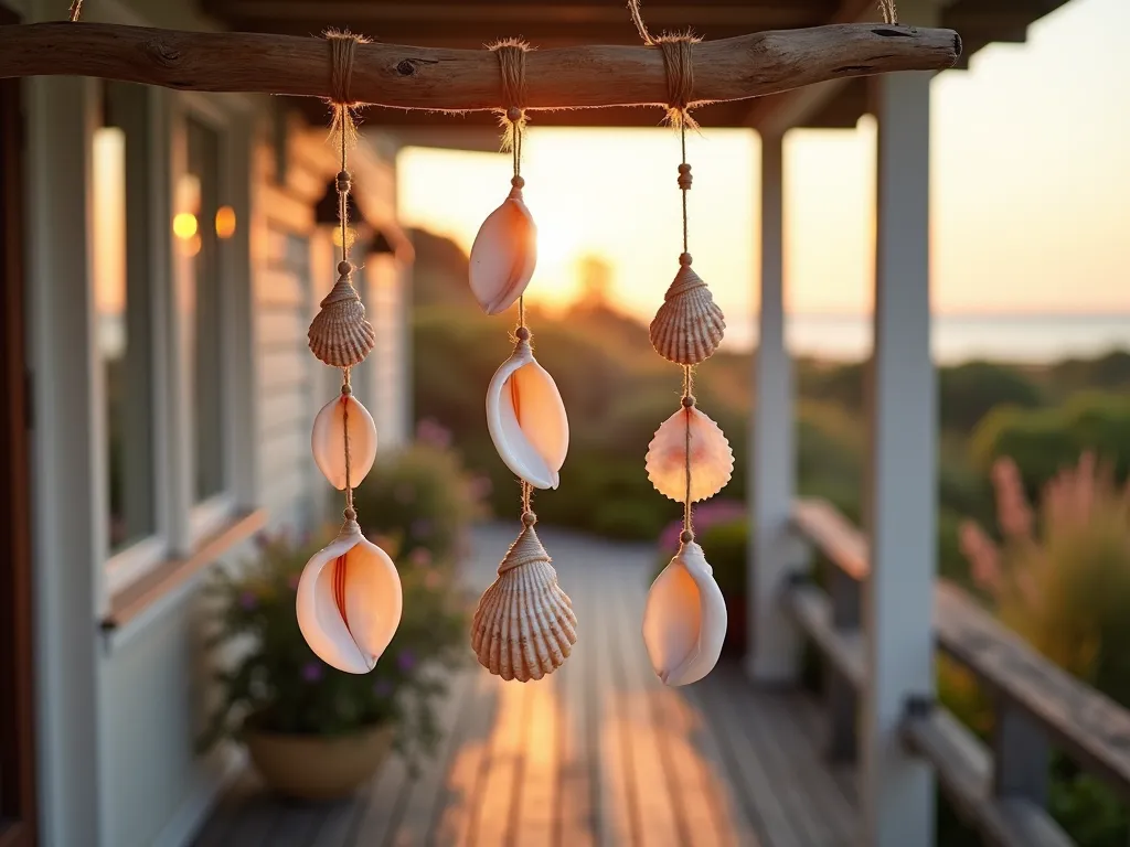 Seashell Wind Chimes at Sunset - A close-up shot of elegant seashell wind chimes hanging from a weathered driftwood beam on a cozy coastal-style porch, captured during golden hour. Large pearlescent shells of varying sizes, including conch and scallop shells, are carefully strung at different lengths using natural twine. The warm sunset light filters through the shells, creating ethereal patterns on the rustic wood decking below. The composition shows some shells gently moving in the breeze, with a soft-focus background revealing glimpses of coastal garden plantings, including ornamental grasses and lavender. Shot with shallow depth of field highlighting the intricate details and iridescent qualities of the shells, with some shells catching golden light while others remain in gentle shadow, photographed with a 35mm lens at f/2.8.